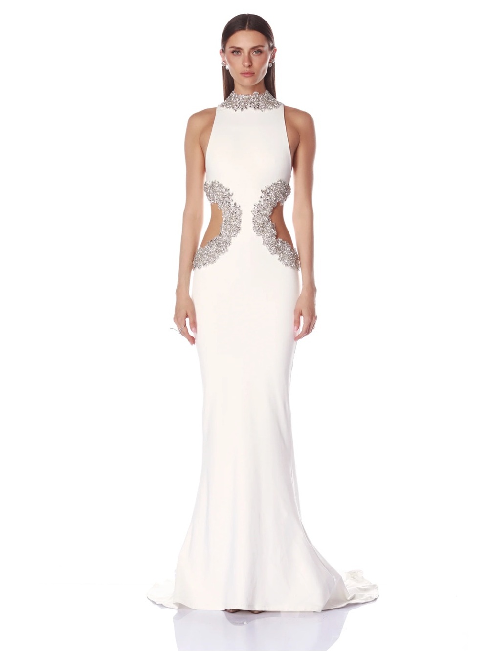 Bronx and Banco White Camila cut outs Rhinestones Dress S New $1,250